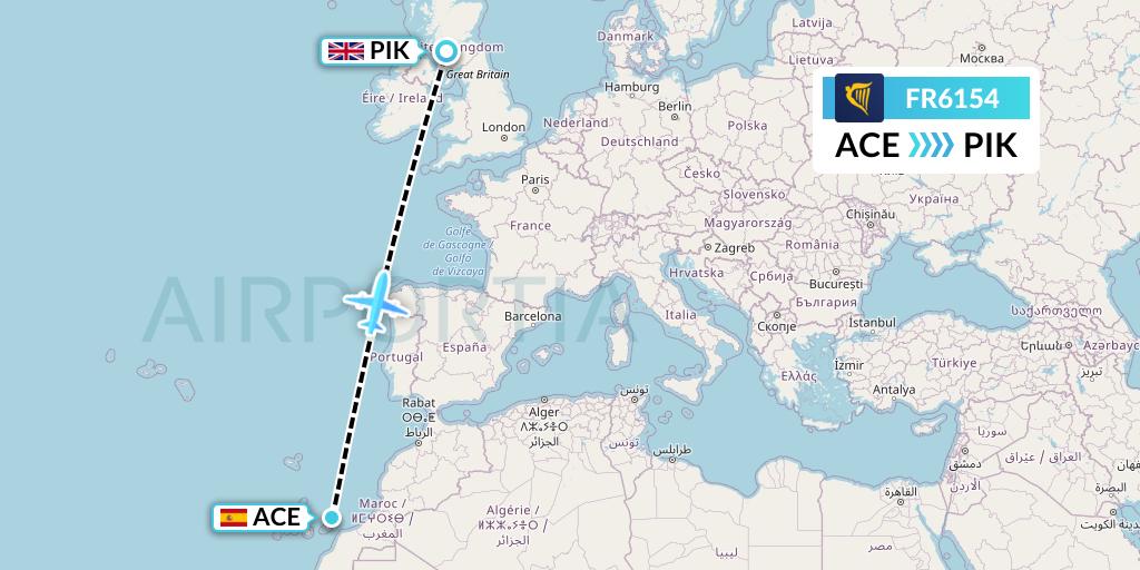 FR6154 Ryanair Flight Map: Lanzarote to Prestwick