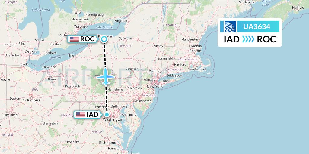 UA3634 United Airlines Flight Map: Washington to Rochester