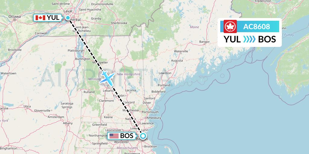 AC8608 Air Canada Flight Map: Montreal to Boston