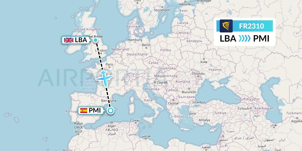 FR2310 Ryanair Flight Map: Leeds to Palma de Mallorca