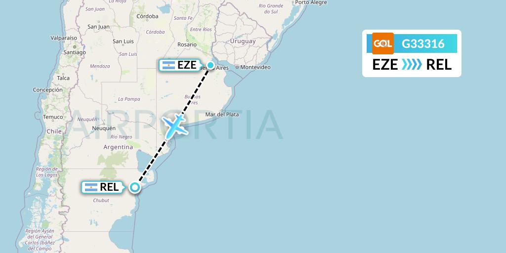 G33316 GOL Transportes Aeros Flight Map: Buenos Aires to Trelew
