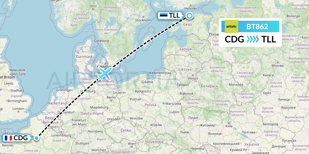 BT862 Air Baltic Flight Map: Paris to Tallinn