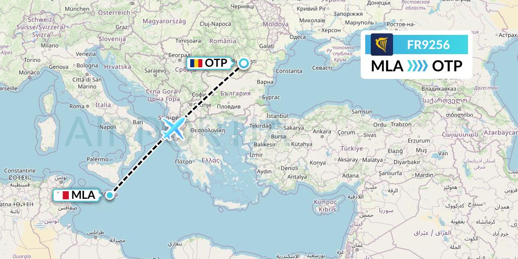 FR9256 Ryanair Flight Map: Malta to Bucharest