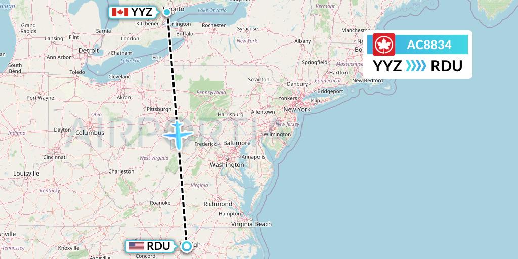 AC8834 Air Canada Flight Map: Toronto to Raleigh-Durham