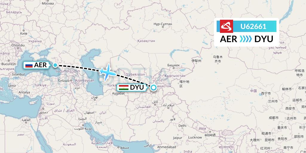 U62661 Ural Airlines Flight Map: Sochi to Dushanbe