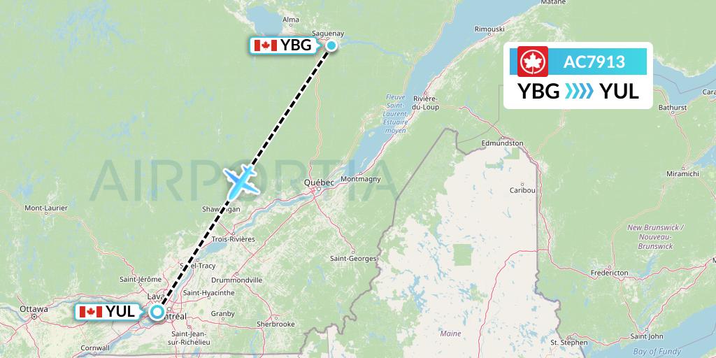 AC7913 Air Canada Flight Map: Saguenay to Montreal