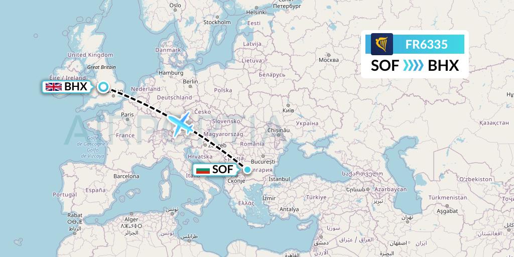 FR6335 Ryanair Flight Map: Sofia to Birmingham