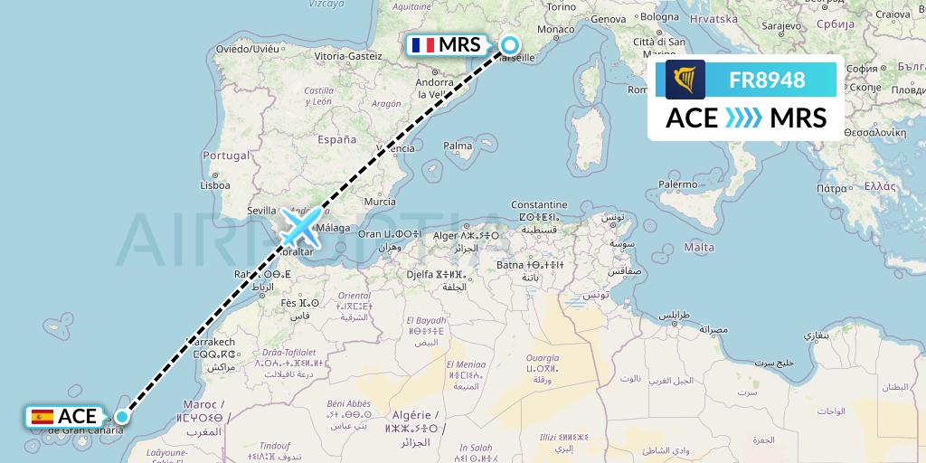 FR8948 Ryanair Flight Map: Lanzarote to Marseille