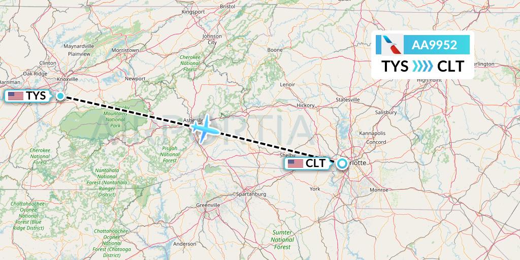 AA9952 American Airlines Flight Map: Knoxville to Charlotte