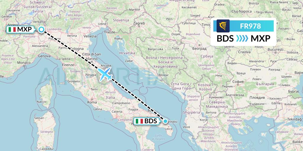 FR978 Ryanair Flight Map: Brindisi to Milan