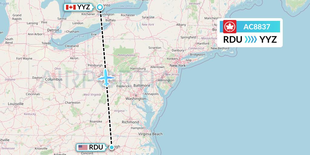 AC8837 Air Canada Flight Map: Raleigh-Durham to Toronto