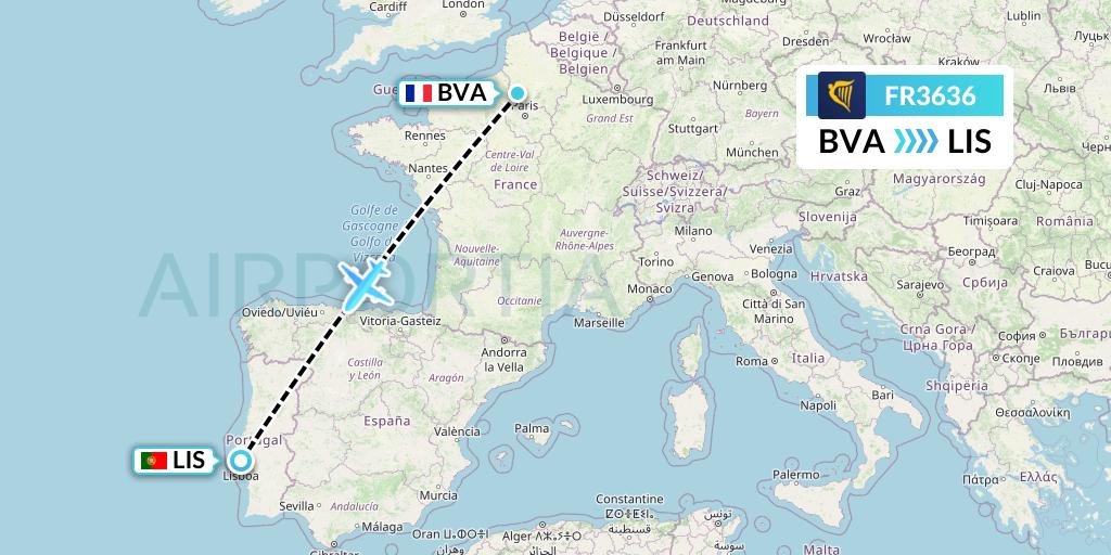 FR3636 Ryanair Flight Map: Paris to Lisbon