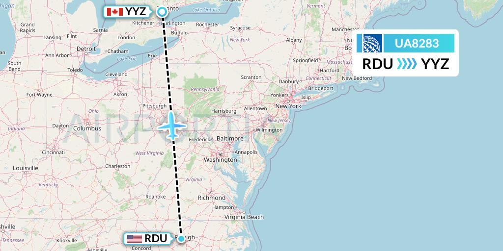 UA8283 United Airlines Flight Map: Raleigh-Durham to Toronto