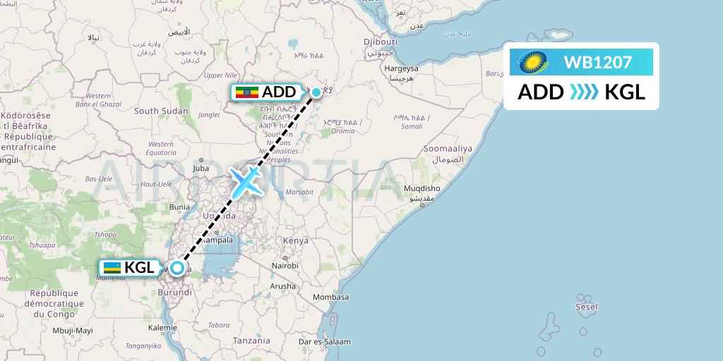 WB1207 RwandAir Flight Map: Addis Ababa to Kigali