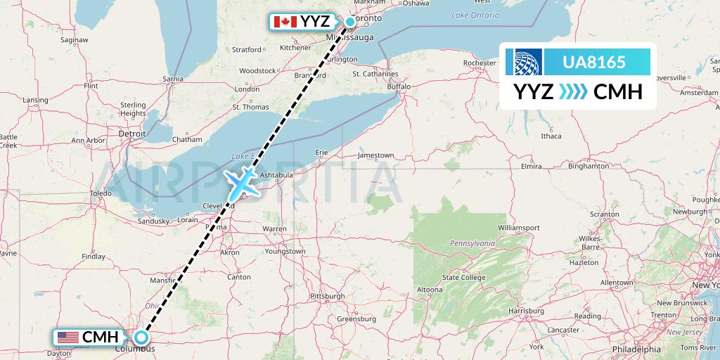 UA8165 United Airlines Flight Map: Toronto to Columbus