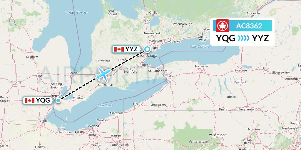 AC8362 Air Canada Flight Map: Windsor to Toronto