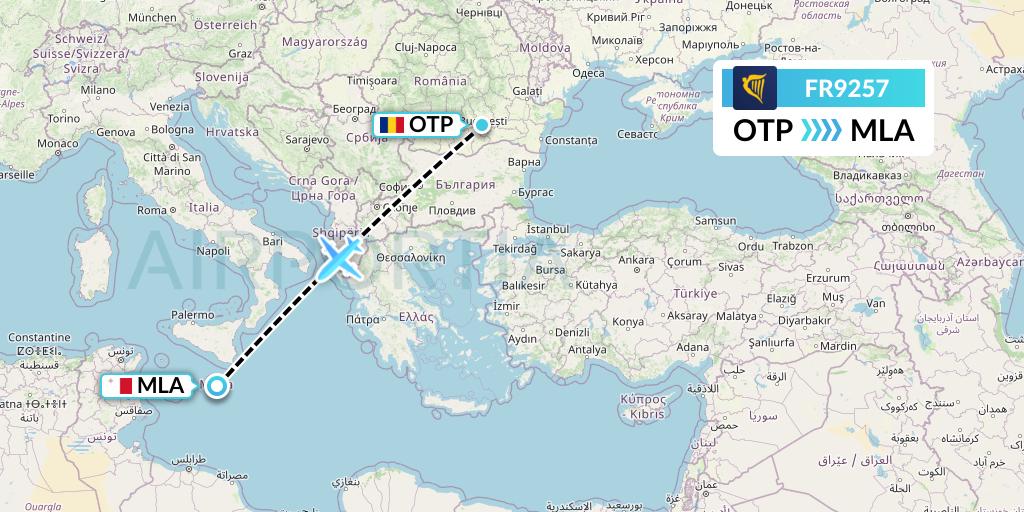 FR9257 Ryanair Flight Map: Bucharest to Malta