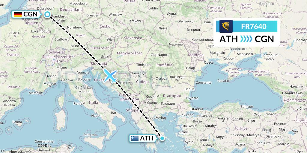 FR7640 Ryanair Flight Map: Athens to Cologne