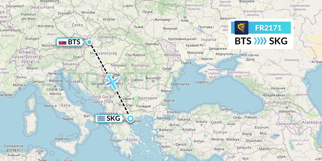 FR2171 Ryanair Flight Map: Bratislava to Thessaloniki