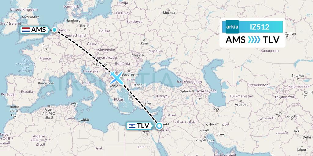 IZ512 Arkia Israeli Airlines Flight Map: Amsterdam to Tel Aviv