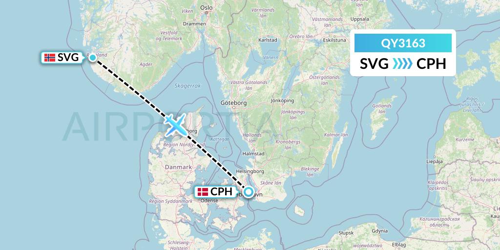 QY3163 European Air Transport Flight Map: Stavanger to Copenhagen