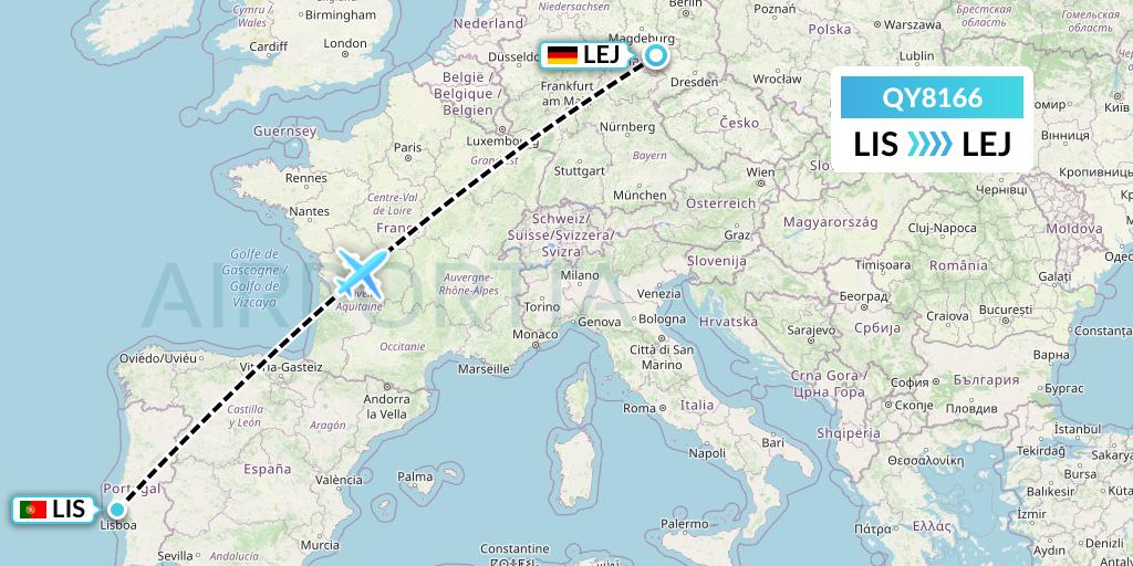 QY8166 European Air Transport Flight Map: Lisbon to Leipzig