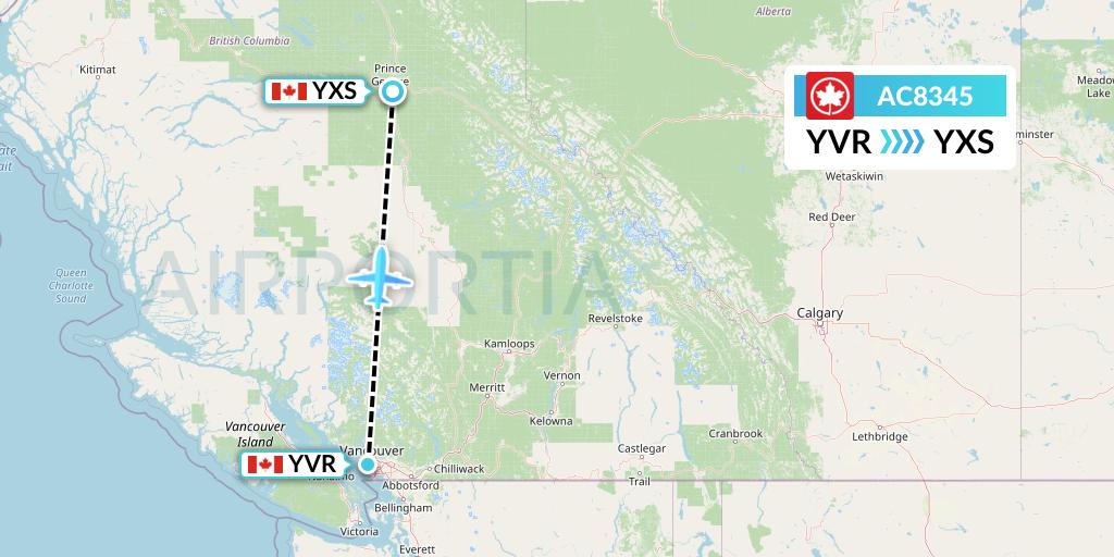 AC8345 Air Canada Flight Map: Vancouver to Prince George