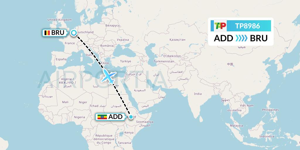 TP8986 TAP Portugal Flight Map: Addis Ababa to Brussels