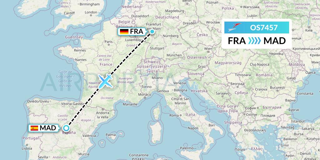 OS7457 Austrian Airlines Flight Map: Frankfurt to Madrid
