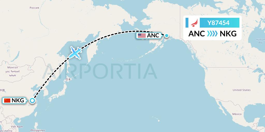 Y87454 Yangtze River Express Flight Map: Anchorage to Nanjing