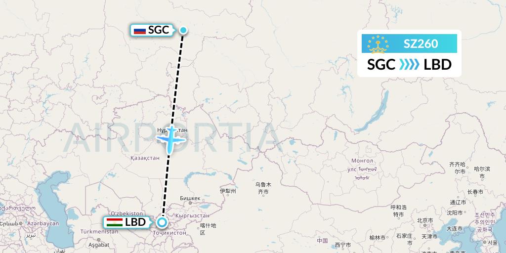SZ260 Somon Air Flight Map: Surgut to Khudzhand