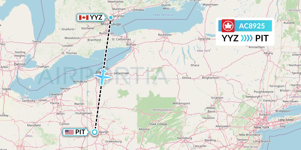 AC8925 Air Canada Flight Map: Toronto to Pittsburgh