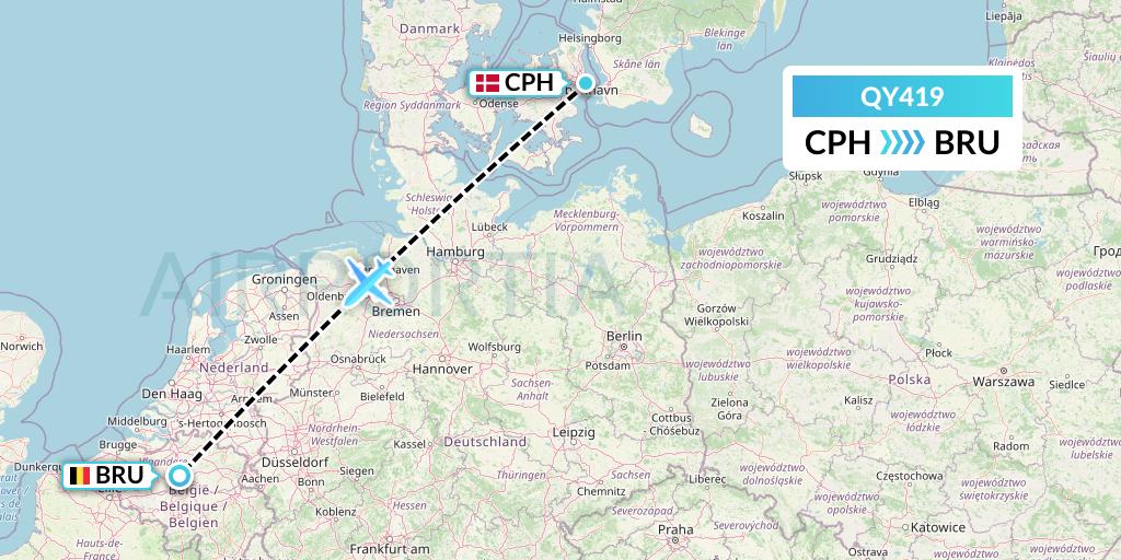 QY419 European Air Transport Flight Map: Copenhagen to Brussels
