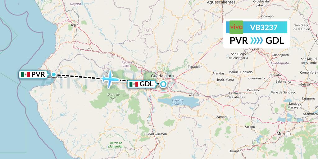 VB3237 VivaAerobus Flight Map: Puerto Vallarta to Guadalajara