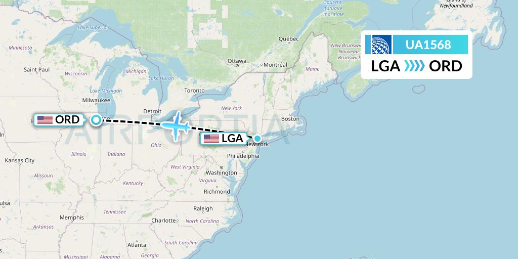UA1568 United Airlines Flight Map: New York to Chicago