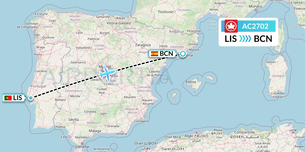 AC2702 Air Canada Flight Map: Lisbon to Barcelona