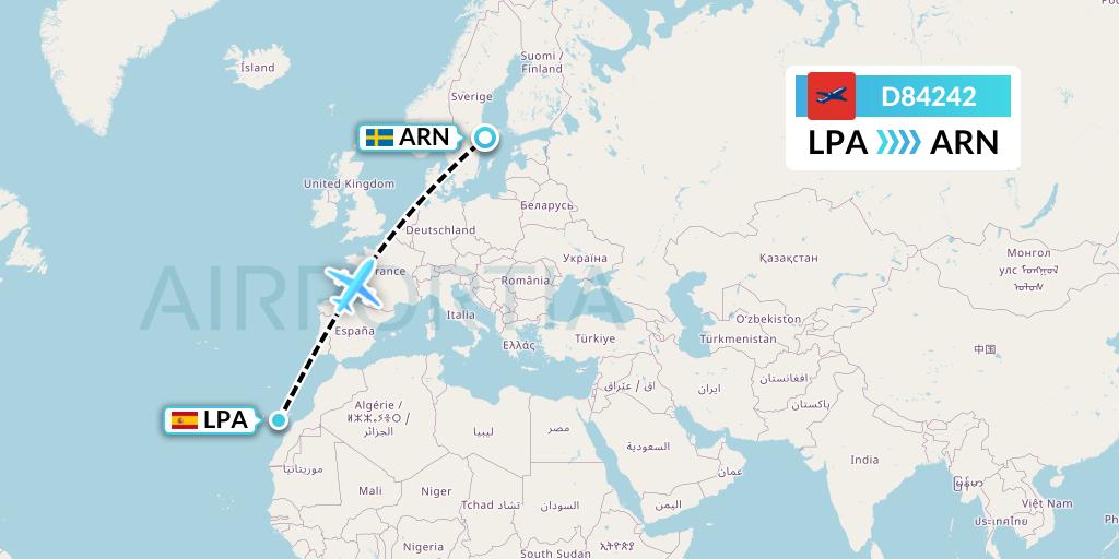 D84242 Norwegian Air International Flight Map: Las Palmas to Stockholm