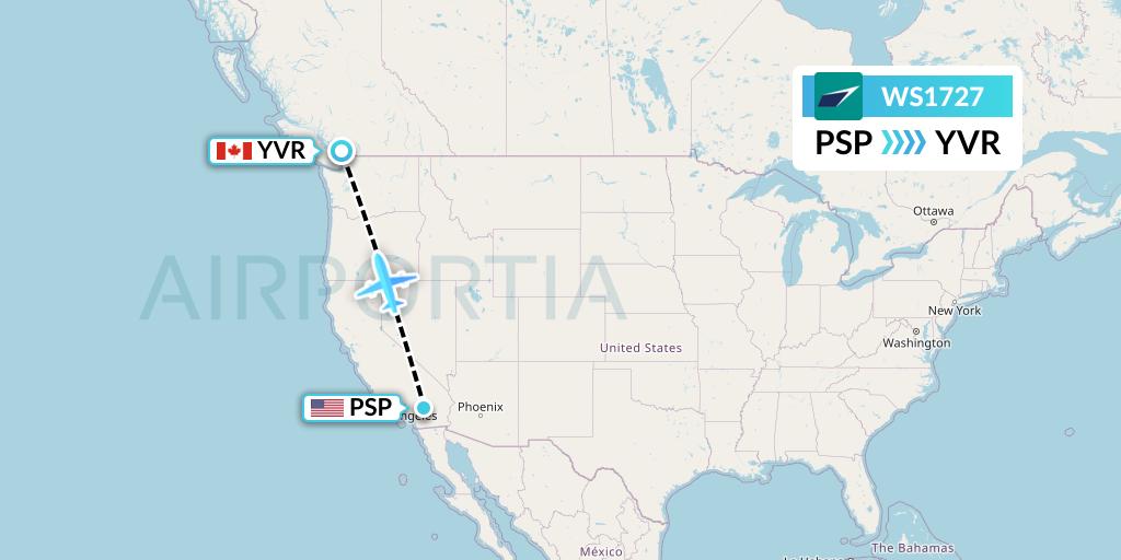 WS1727 WestJet Flight Map: Palm Springs to Vancouver