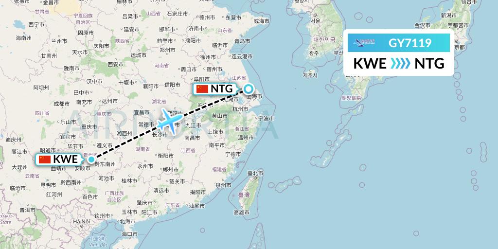 GY7119 Colorful GuiZhou Airlines Flight Map: Guiyang to Nantong