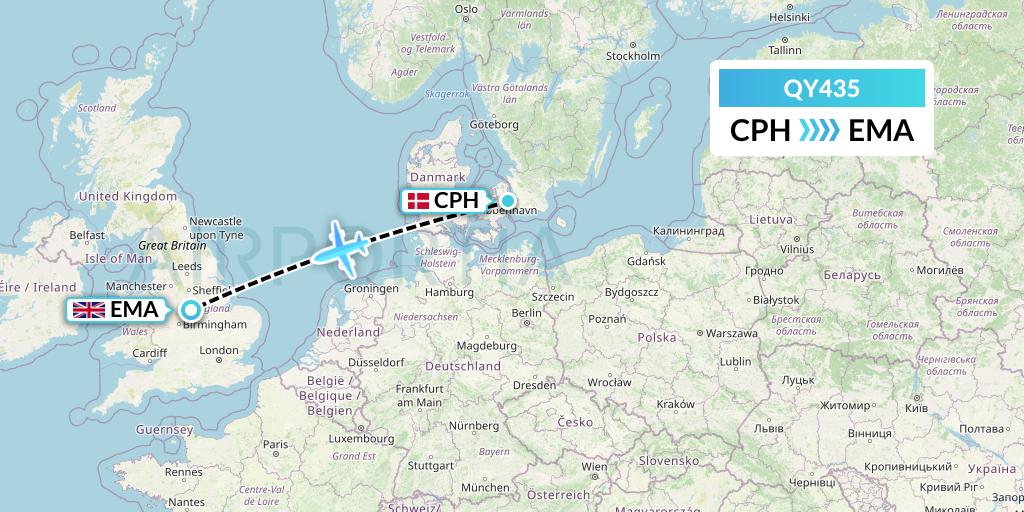 QY435 European Air Transport Flight Map: Copenhagen to East Midlands