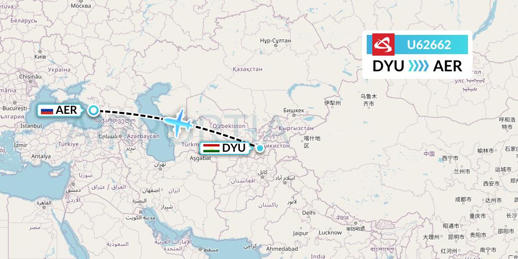 U62662 Ural Airlines Flight Map: Dushanbe to Sochi