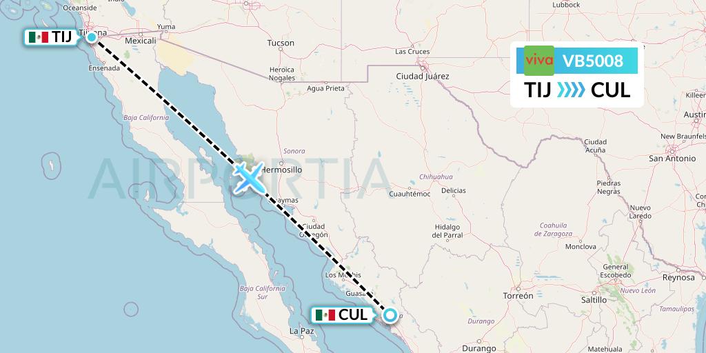 VB5008 VivaAerobus Flight Map: Tijuana to Culiacan