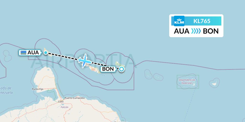 KL765 KLM Flight Map: Oranjestad to Bonaire