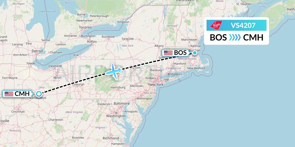 VS4207 Virgin Atlantic Airways Flight Map: Boston to Columbus