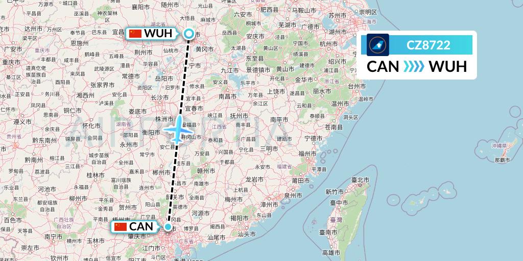 CZ8722 China Southern Airlines Flight Map: Guangzhou to Wuhan