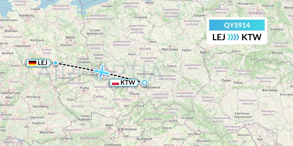 QY5914 European Air Transport Flight Map: Leipzig to Katowice