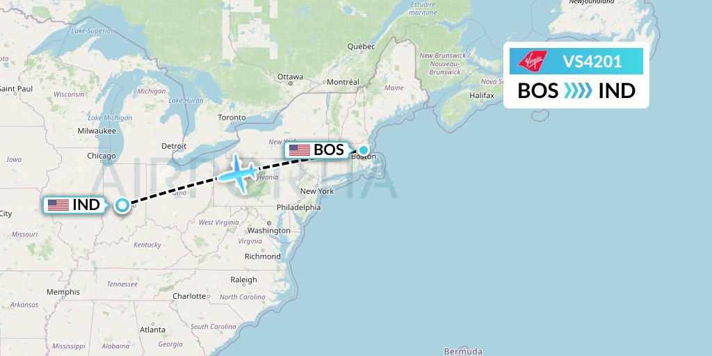 VS4201 Virgin Atlantic Airways Flight Map: Boston to Indianapolis