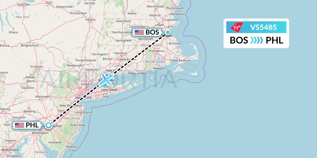VS5485 Virgin Atlantic Airways Flight Map: Boston to Philadelphia