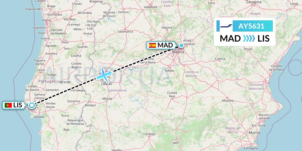 AY5631 Finnair Flight Map: Madrid to Lisbon