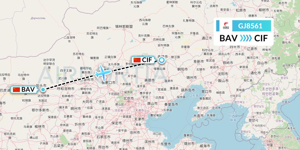 GJ8561 Loong Airlines Flight Map: Baotou to Chifeng